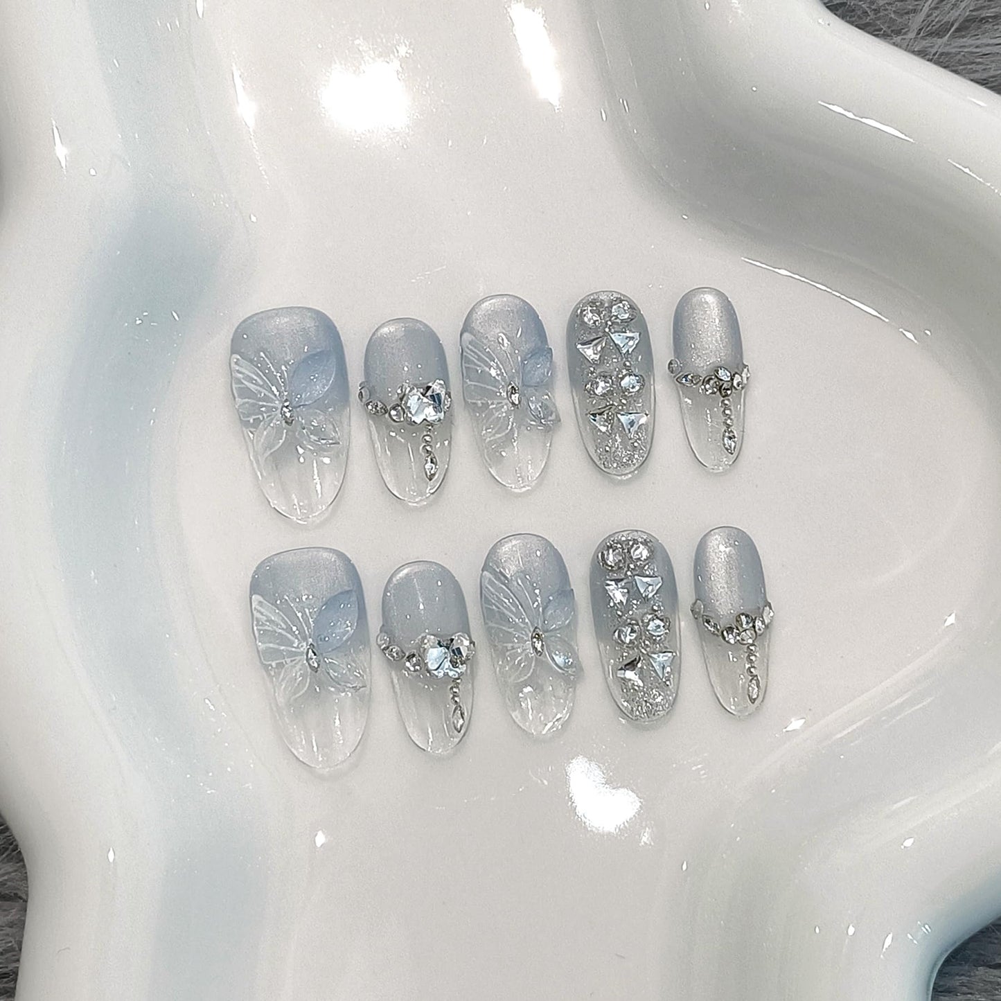 TENPAL Cat Eye Press on Nails 10Pcs Full Kit - Short Oval Icy Ocean Gradient False Nails, 3D Butterfly Rhinestone Spring Summer Fake Nails, Ethereal Glue on Nails for Girls Glitter Shimmer Design(M)