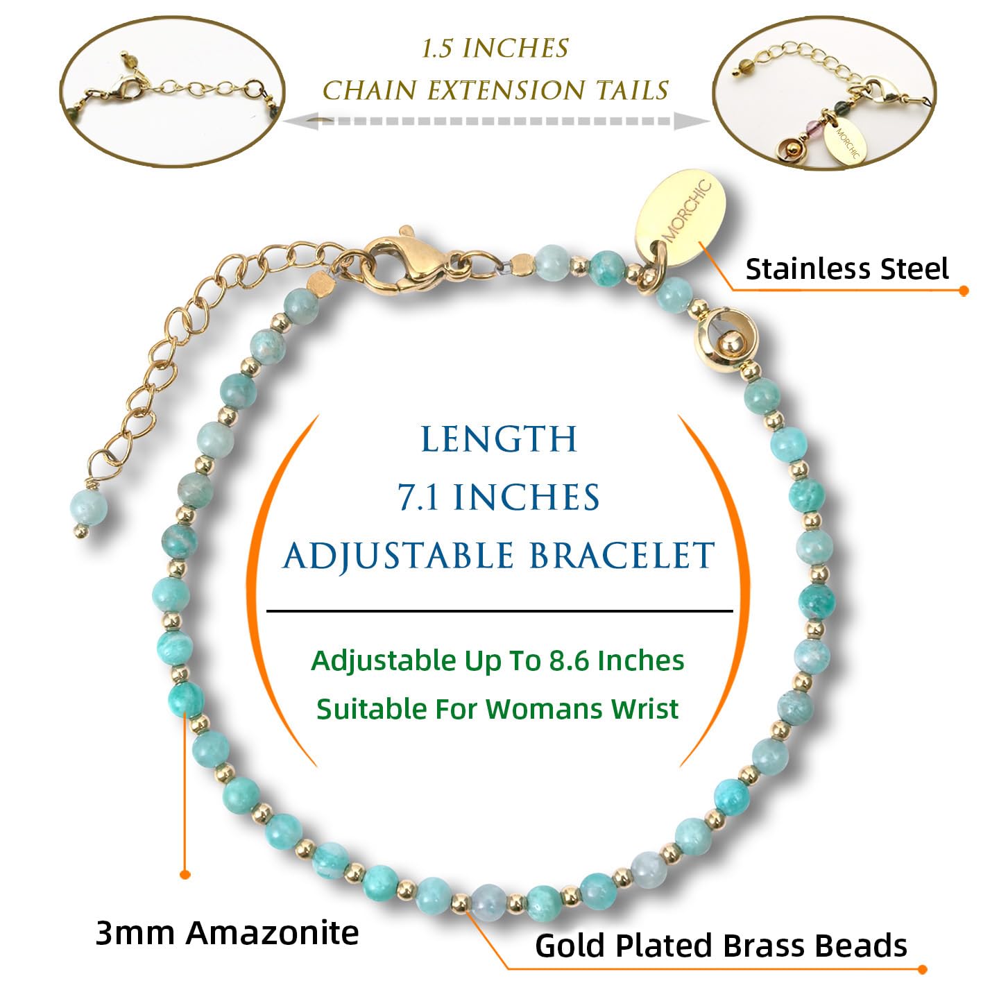 Morchic 3mm Green Amazonite Natural Gemstone Beaded Bracelet for Women, Dainty Tiny Charm Jewelry, Adjustable 7.1-8.6", Ideal Birthday Holiday Gift