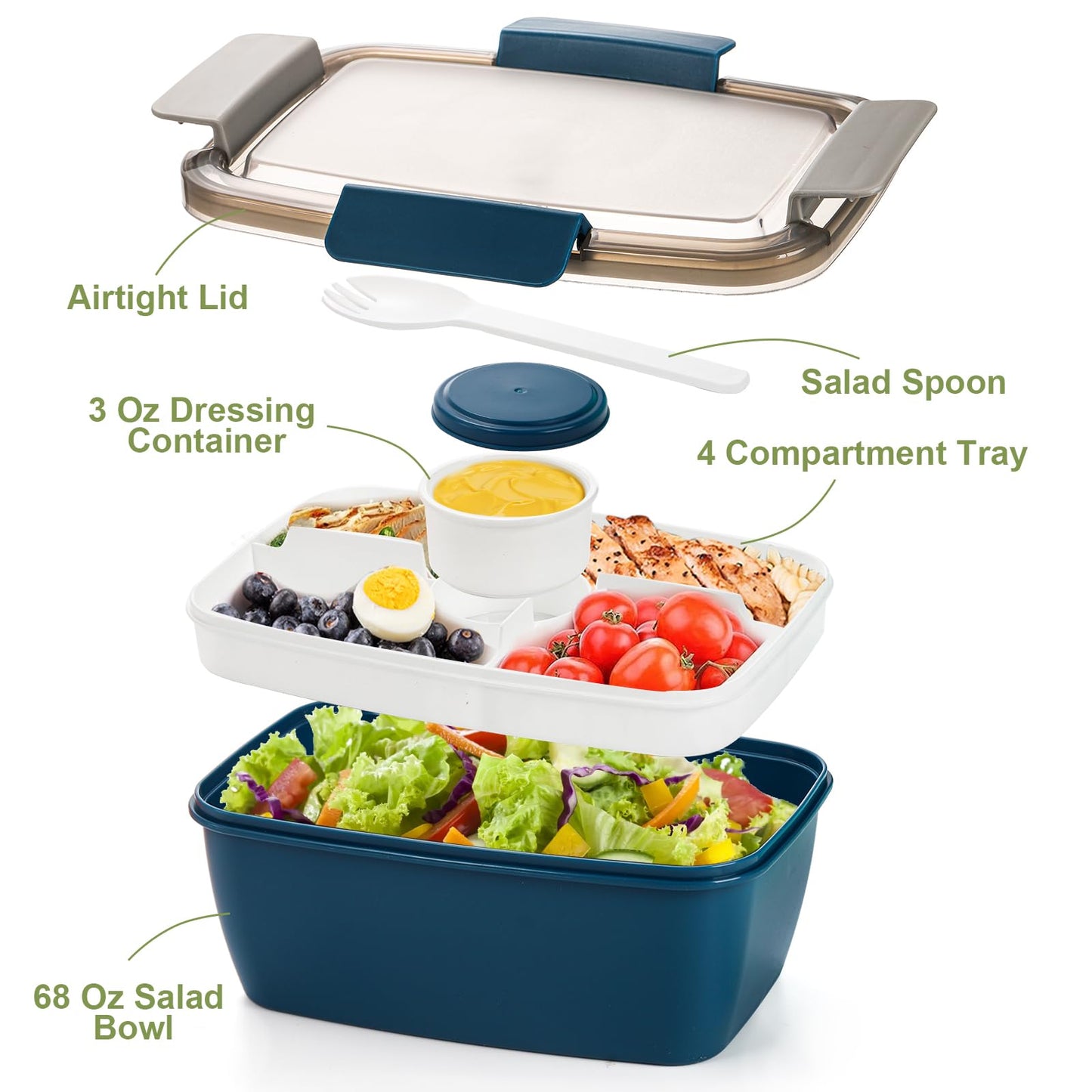 Youeon 3 Pcs 68 Oz Salad Lunch Container with 4 Compartment Tray, Bento Lunch Box with Spoon & Dressing Cup, Leakproof Salad Container for Lunch, Toppings, Snacks, Fruits, BPA-Free
