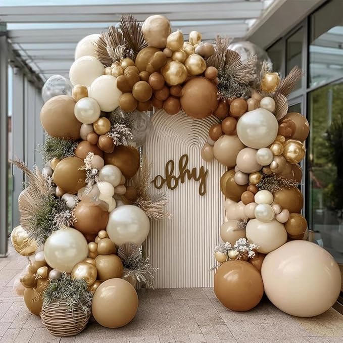 Brown Balloon Garland Kit, Double Stuffed – Coffee, Tan, Apricot, Pearl Sand, Ivory, Beige & Gold Latex Balloons for Boho Baby Shower, Bear & Safari Party