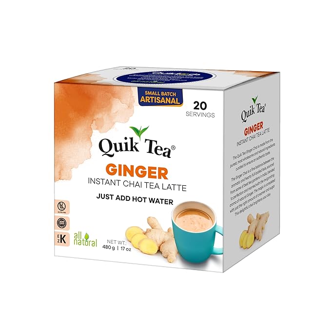 QuikTea Ginger Chai Tea Latte – 20 Count, Bold Ginger Flavor, no preservatives – Just Add Hot Water