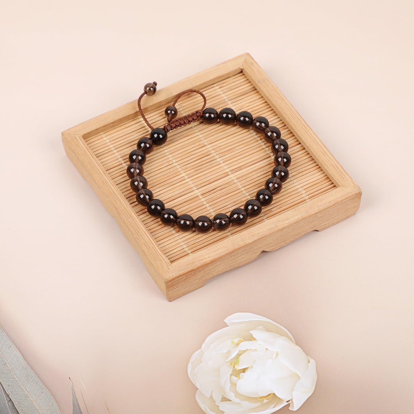 AD Beads Natural 8mm Gemstone Bracelets Healing Power Crystal Macrame Adjustable 7-9 Inch (Smoky Quartz)