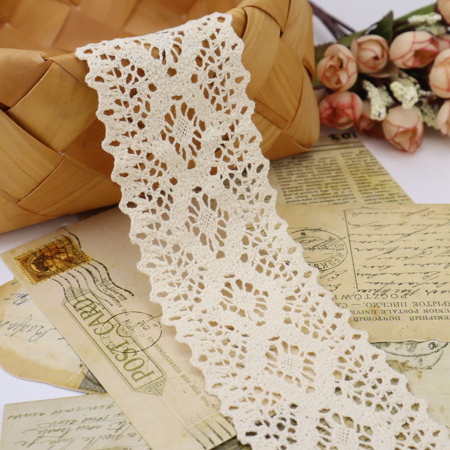 Beige Lace Ribbon 8 Yards Crochet Lace Trim Extra Wide Cotton Sewing for Crafts, Gift Package Wrapping, Bridal Wedding Decoration, Scrapbooking Supplies