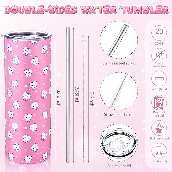 Umigy 2 Pcs Dental Assistant Gifts 2025 Dental Hygienist Appreciation Gifts 20 oz Teeth Print Tumbler with Lid and Sock for Women for Nurse Week Appreciation Dentist Christmas Birthday(Pink)