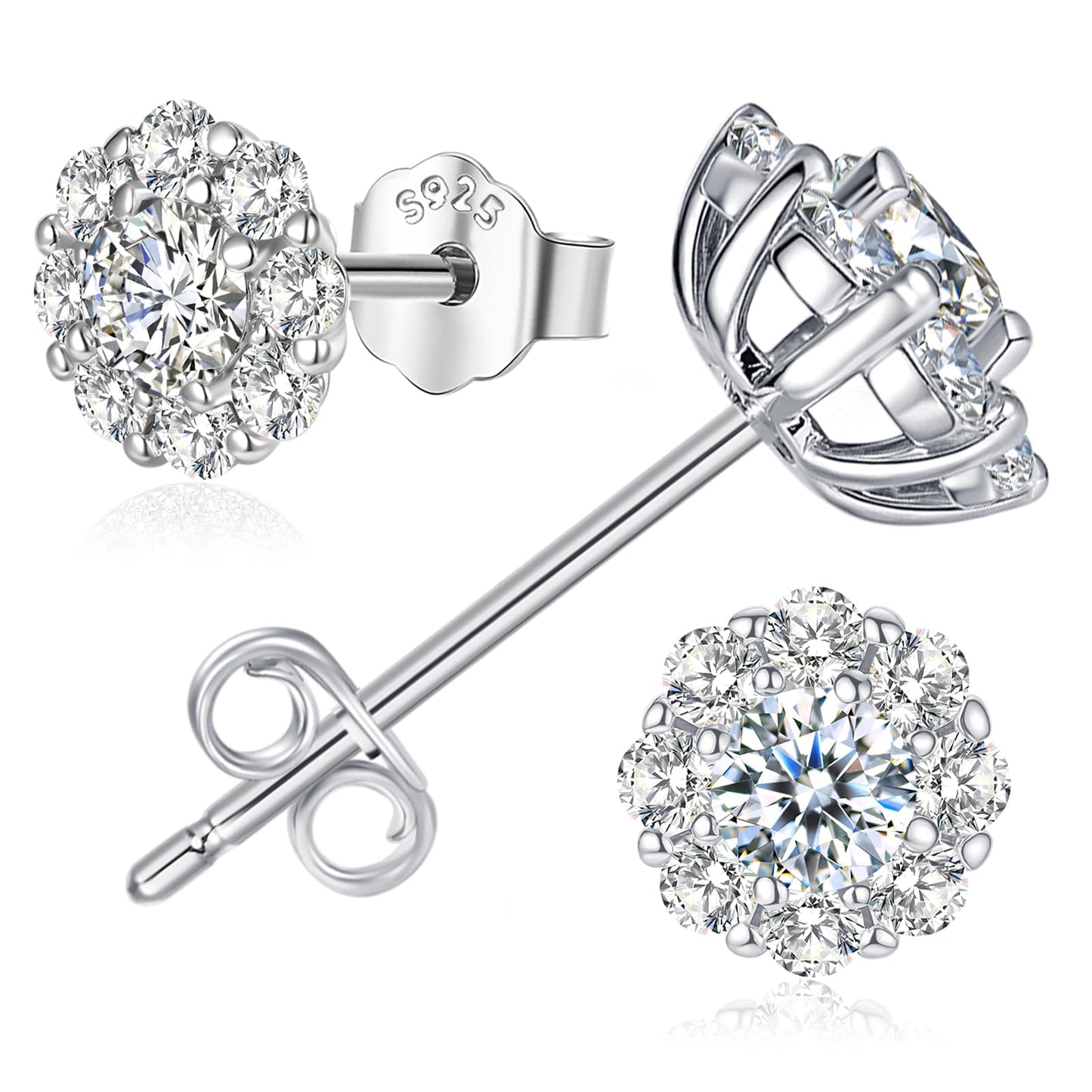 LULPS Moissanite Stud Earrings for Women, 2CT Round Cut D Color VVS1 Clarity Lab Created Diamond Earrings, 18K White Gold Plated 925 Sterling Silver Friction Back, Hypoallergenic