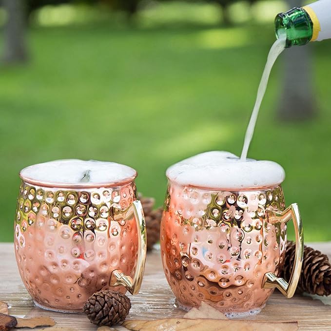 LIVEHITOP Moscow Mule Copper Mugs Set of 2, Copper Cups 19.5 Oz Cocktail Kit with Straw Coaster for Wine, Beer, Cold Drink, Bar, Party, Gifts