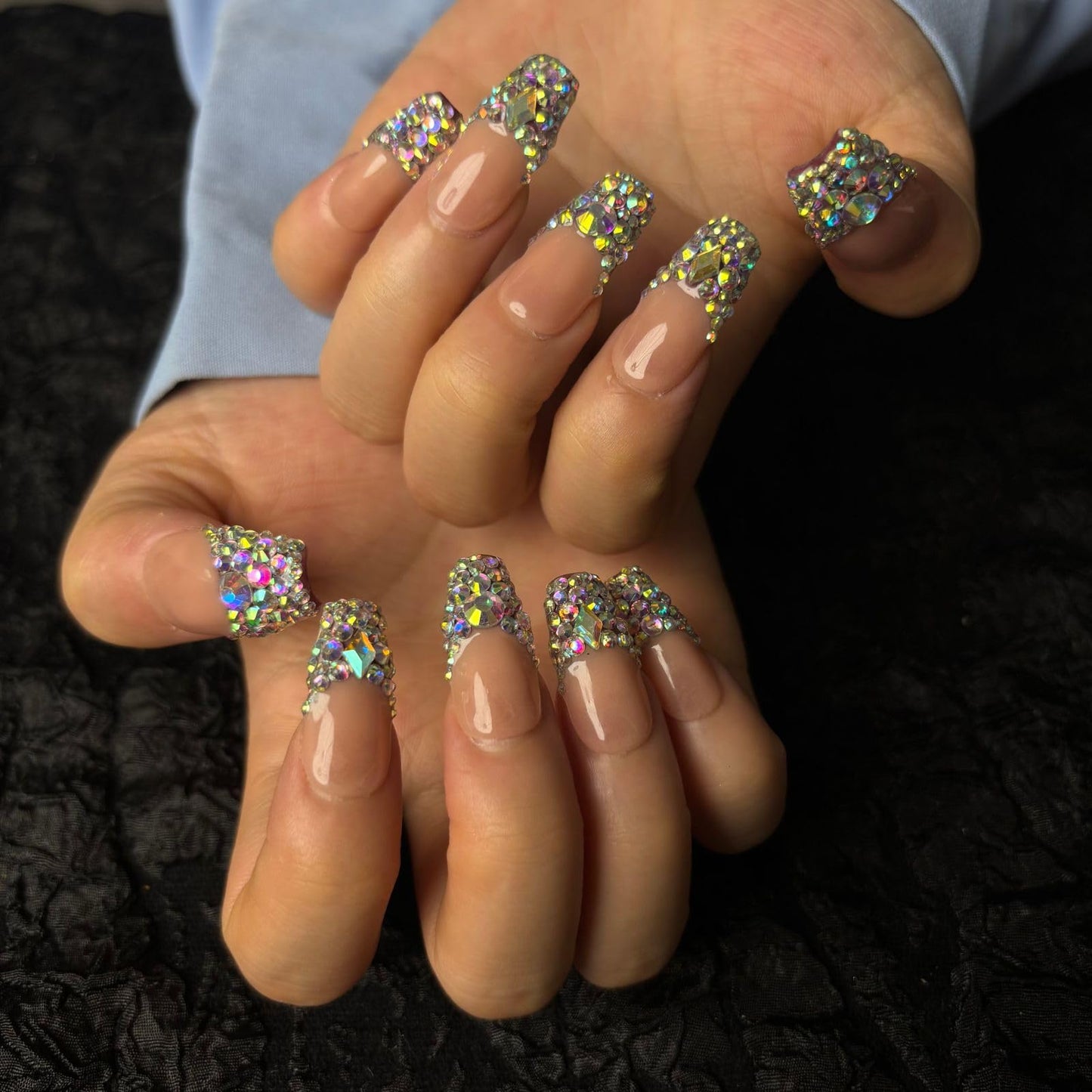 AKA Unicron Handmade French Tips Press On Nails Medium Short Coffin Acrylic Fake Nails Press Ons with Shining Rhinestones Charm Design,Nail Charm Nature Lasting Stick On Woman Fingernails