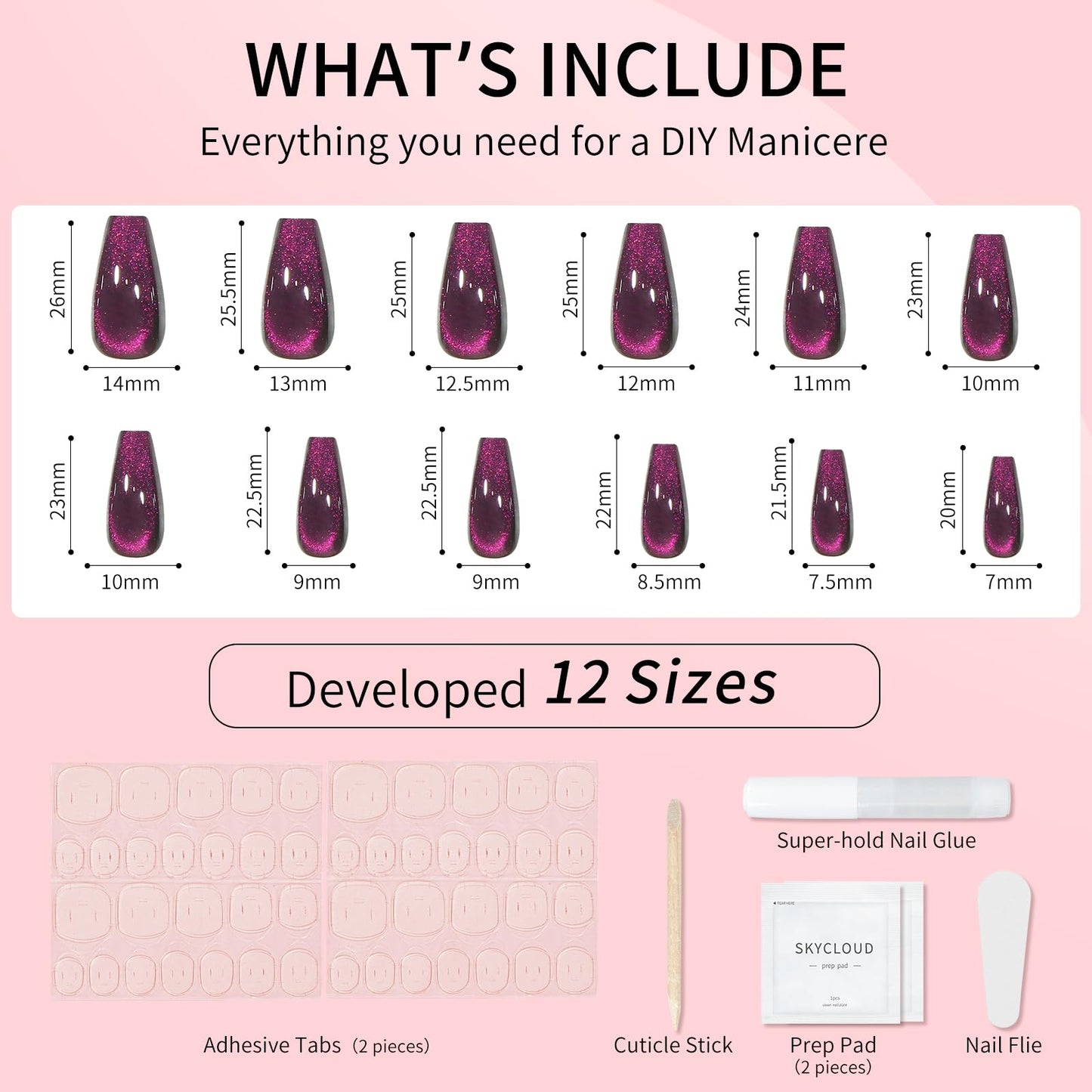 Purple Cat Eyes Press On Nails for Women Girls, 12 Size-24 Pcs Purple Medium Coffin Fake Nails, Skycloud Reusable Stick On False Nails SK0721