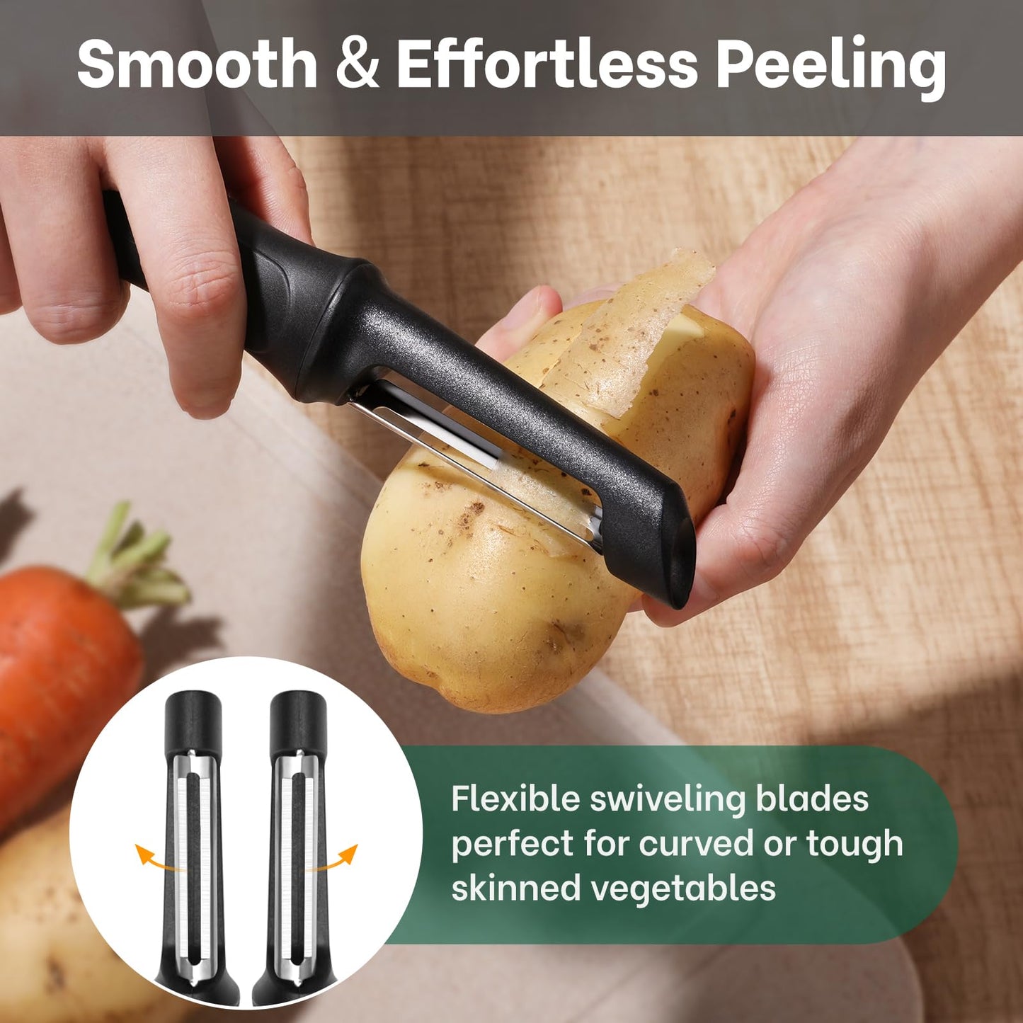 Beneno Swivel Vegetable Peeler, Razor-Sharp Smooth Peeling Potato Peelers with Stainless Steel Blades, Ergonomic Comfort Non-Slip Rubber Handle, Durable Kitchen Peelers with Potato Eye Remover, Black