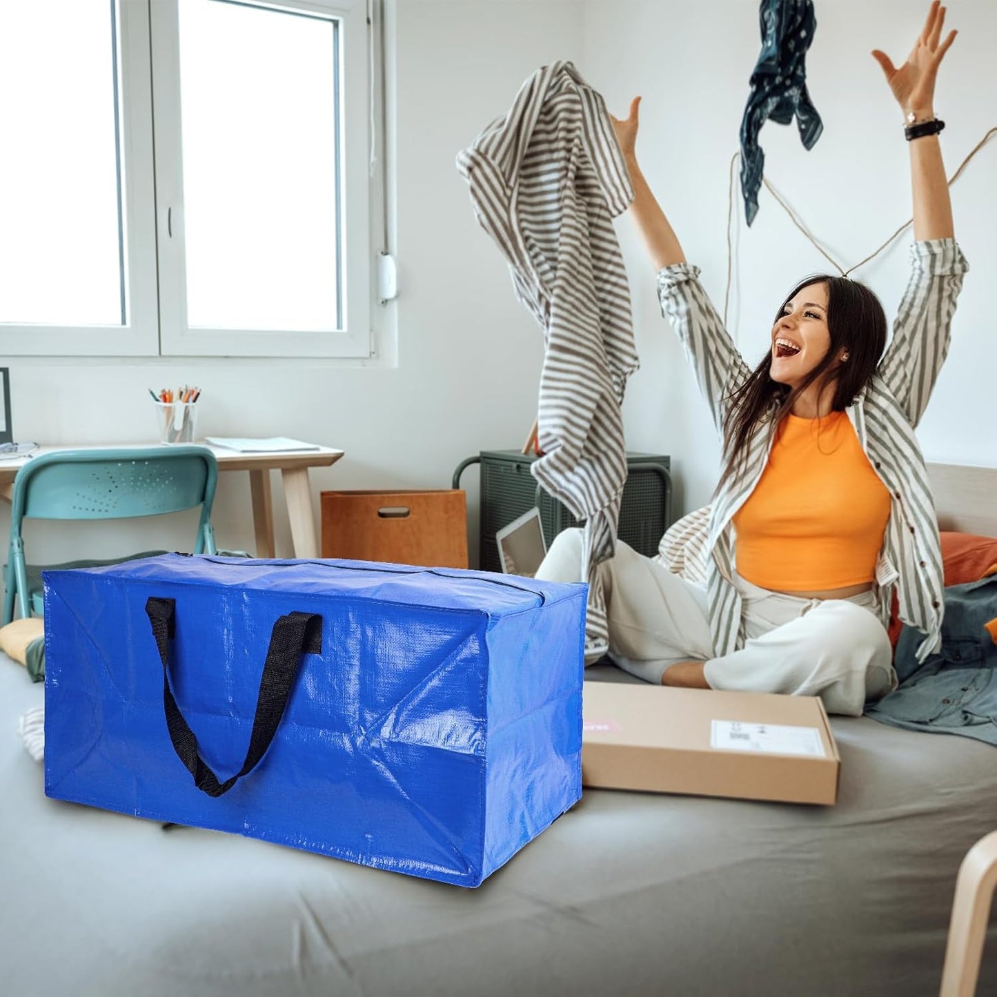 4PCS Large Heavy Duty Moving Bag, Storage Totes For Space Saving, Moving Totes, Clothes Storage Containers with Strong Handles Double Zippers for Transporting Organizing Travelling Bedroom, Blue