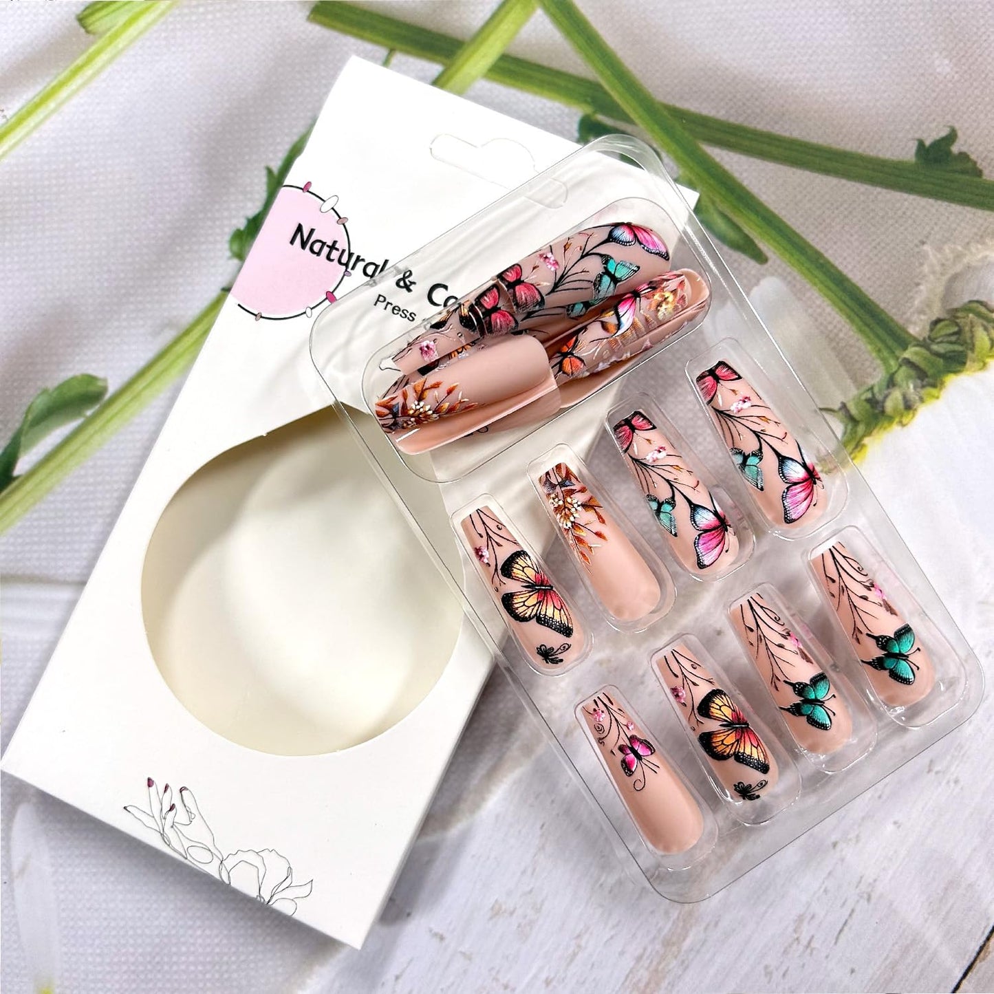 Butterfly 3D False Nails Press on Nails Long Ballet Shaped Coloful Butterly Pattern Design Press Nails Flower Fake Nails Artificial Acrylic Nails Full Cover Coffin Nails Nude Stick on Nails for Women