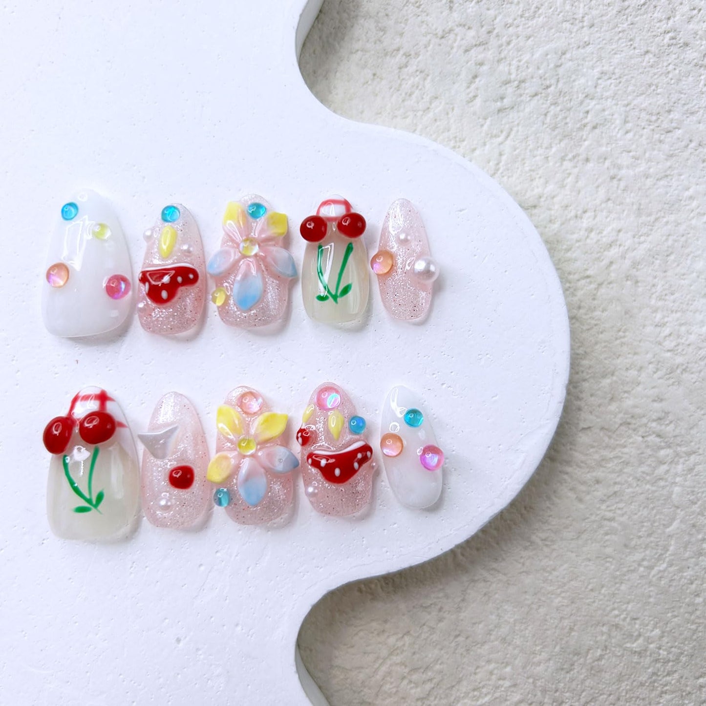 Short Almond Press on Nails Luxury Handmade Nails with Glue,3D Cherry Mushroom Rhinestone Designs False Nails Handmade Nail Press ons Muti-Layer Gel French False Nails for Women (Size S)