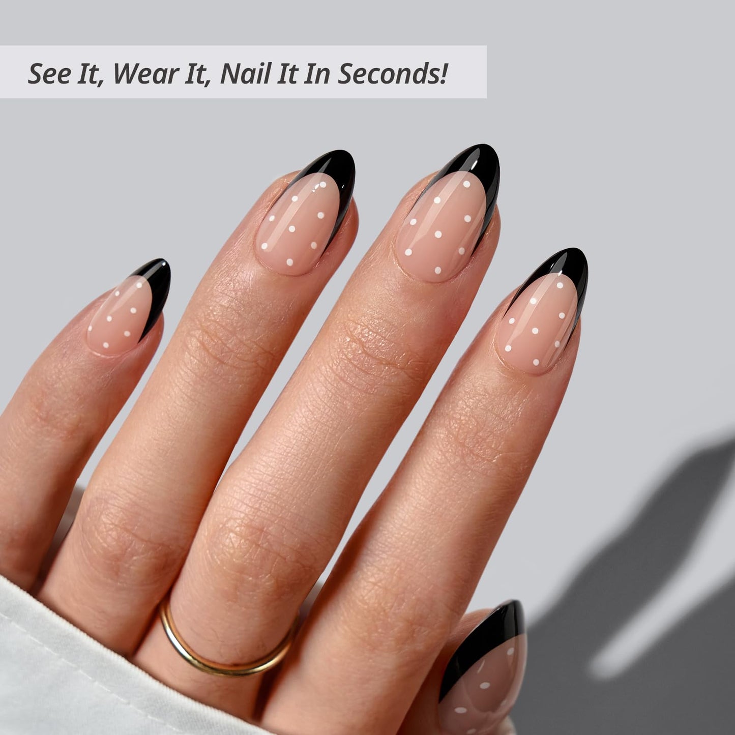 BTArtbox Press On Nails Short - Dot Couture, Lamp-Curable Almond Black French Tip Press On Nails with Glue and Adhesive Tabs for Women, Soft Gel Glue On Nails in 16 Sizes - 32 Stick On Nails Kit