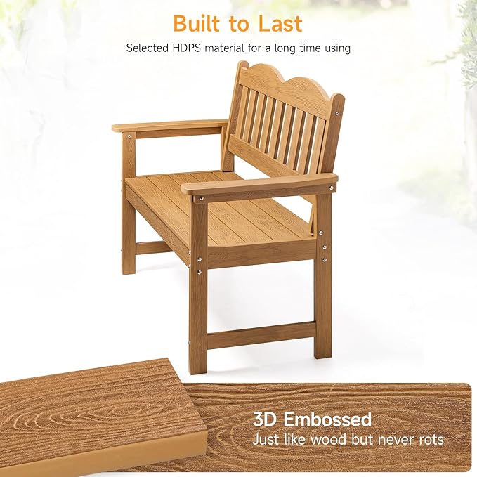 ONBRILL Outdoor Bench, 2-Person Poly Lumber Garden Bench with 800 lbs Weight Capacity, All-Weather Patio Bench with Armrests and Backrest for Garden, Porch, Backyard and Park, Teak