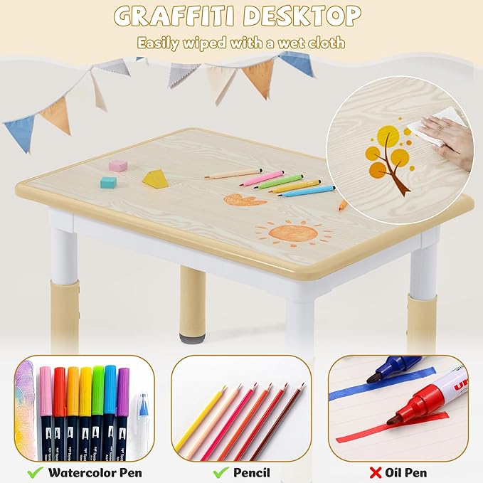 Adjustable Kids Table Chairs Set – Graffiti Desktop, Multi-Activity Height-Adjustable Toddler Study Desk for Ages 3-8 – Ideal for Home, Classroom, Daycare (W-Brown, 4 Chairs-31.5" L x 23.6" W)