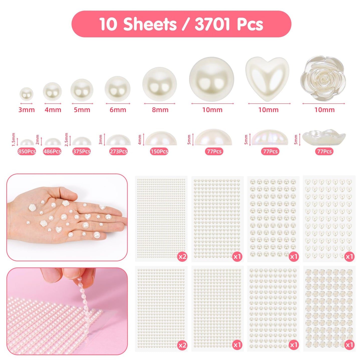 MYDBUYSOME 3701PCS Pearl Stickers Pearls for Crafting - Self Adhesive Pearls for Hair Face Makeup Eye Nail Crafts, Stick On Gems (White, Assorted Sizes)