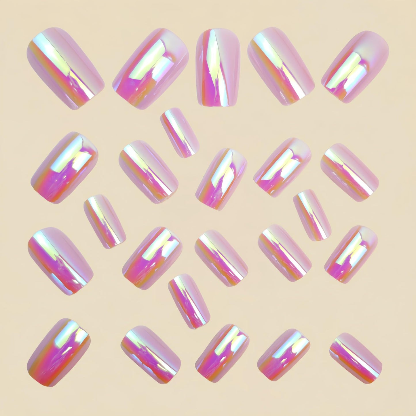Chrome Press on Nails Medium Square Fake Nails Press ons with Glossy Holographic Gradient Acrylic Nails Metal Chrome False Nails Shiny Full Cover Glue on Nail for Women Manicure 24Pcs