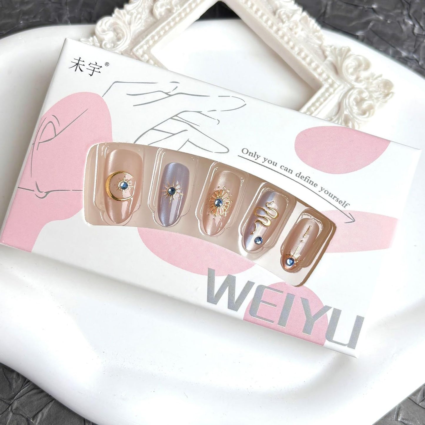 30Pcs Gold Star Press on Nails Medium Almond Fake Nails with 3D Blue Rhinestones Designs Glue on Nails Cute Moon Acrylic Nails Gold Snake French False Nails Bohemian Style Stick on Nails for Women