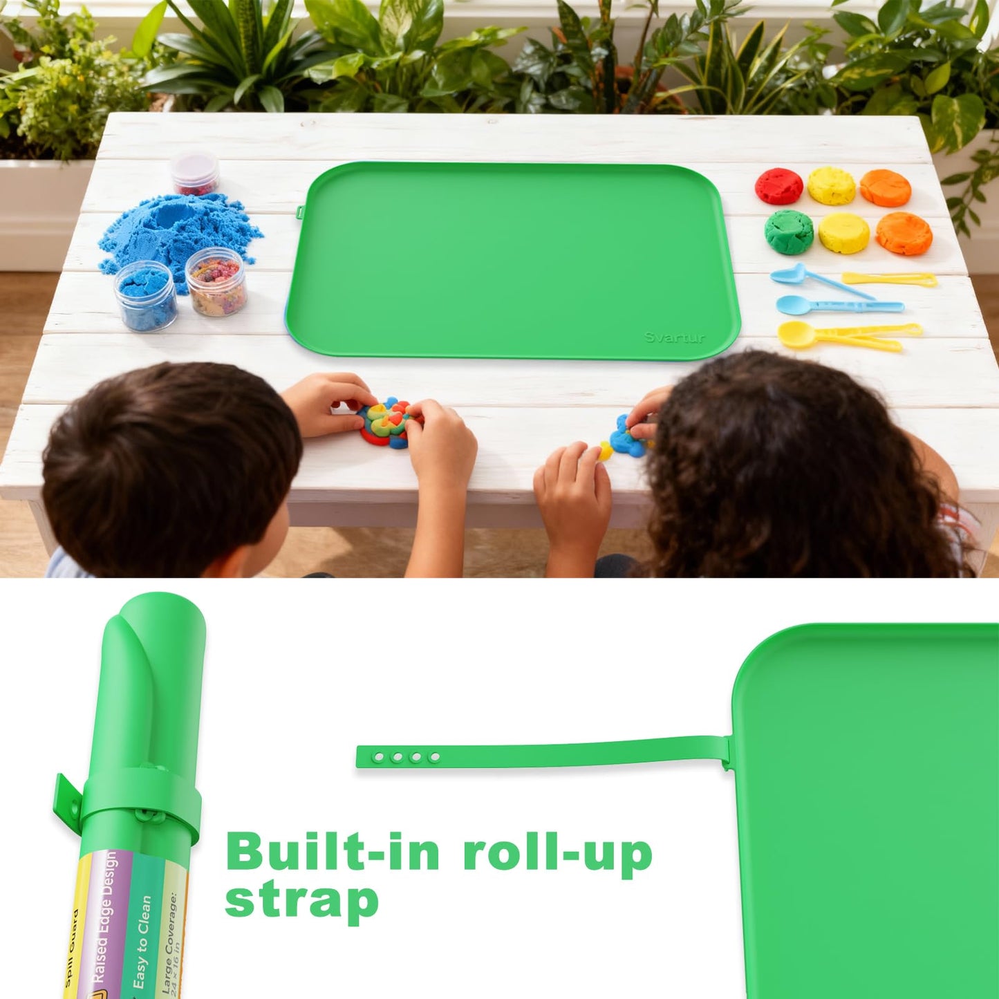 Silicone Craft Mat 24" x 16" with Raised Edge, Roll-Up Design with Storage Strap, Multi-Purpose Desk & Table Protector Silicone Art Mat for Crafts, Painting & DIY, Green