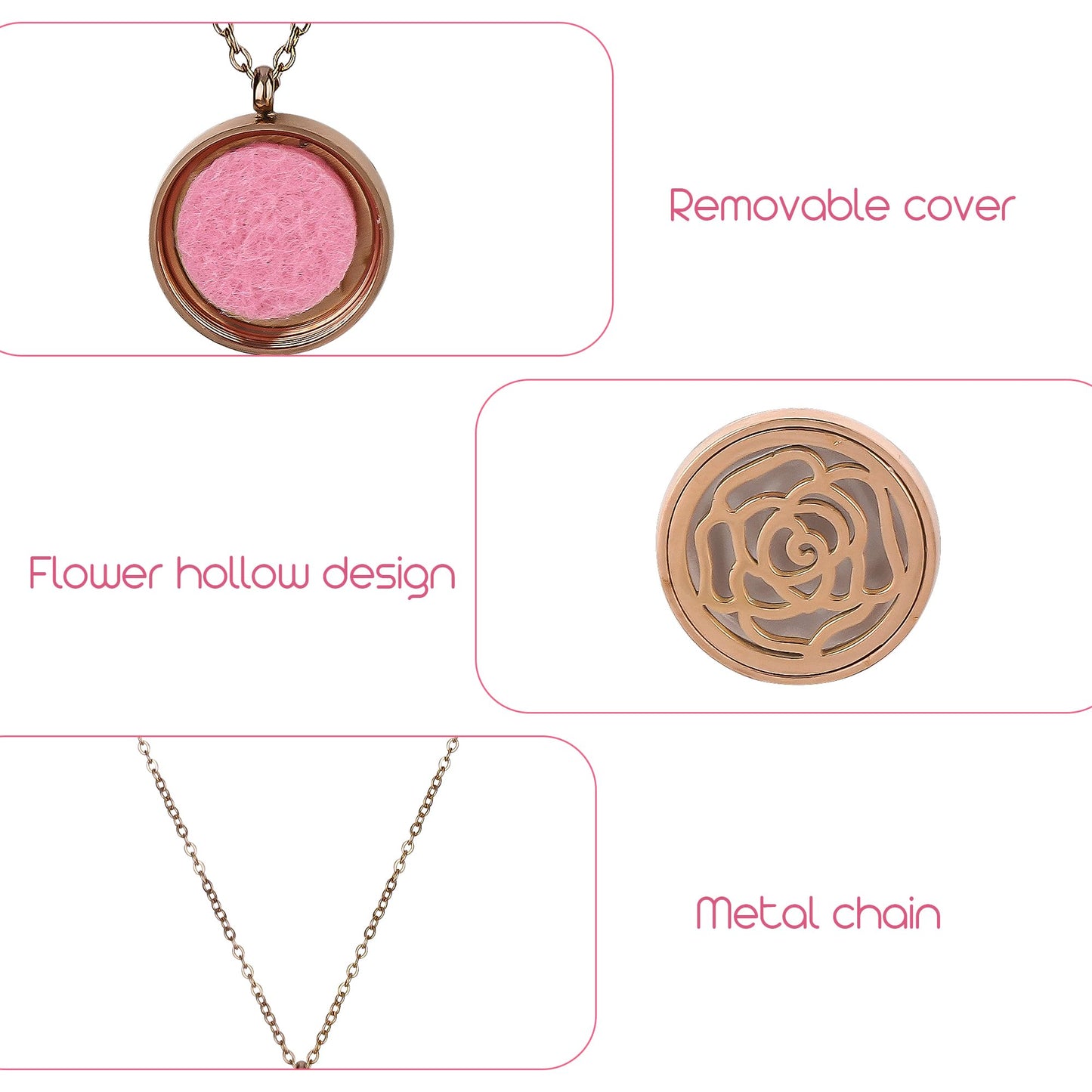 Biiange Aromatherapy Diffuser Necklace for Women, Stainless Steel Essential Oil Locket Pendant with 8 Refill Pads & 20" Adjustable Chain, Scent Diffuser Jewelry Gift (1, Rose Flower)