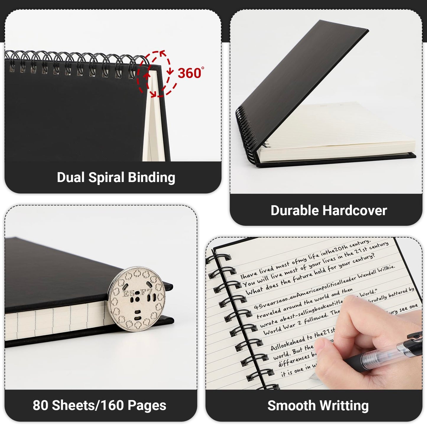 EUSOAR Spiral College Ruled Notebook, 12packs A5 5.5" x 8.3" 160Pages/ 80Sheets, Black Thick Hardcover, Tear-off 100GSM Lined Paper, 1 Subject Notepad for Office Meeting Business School Note Taking