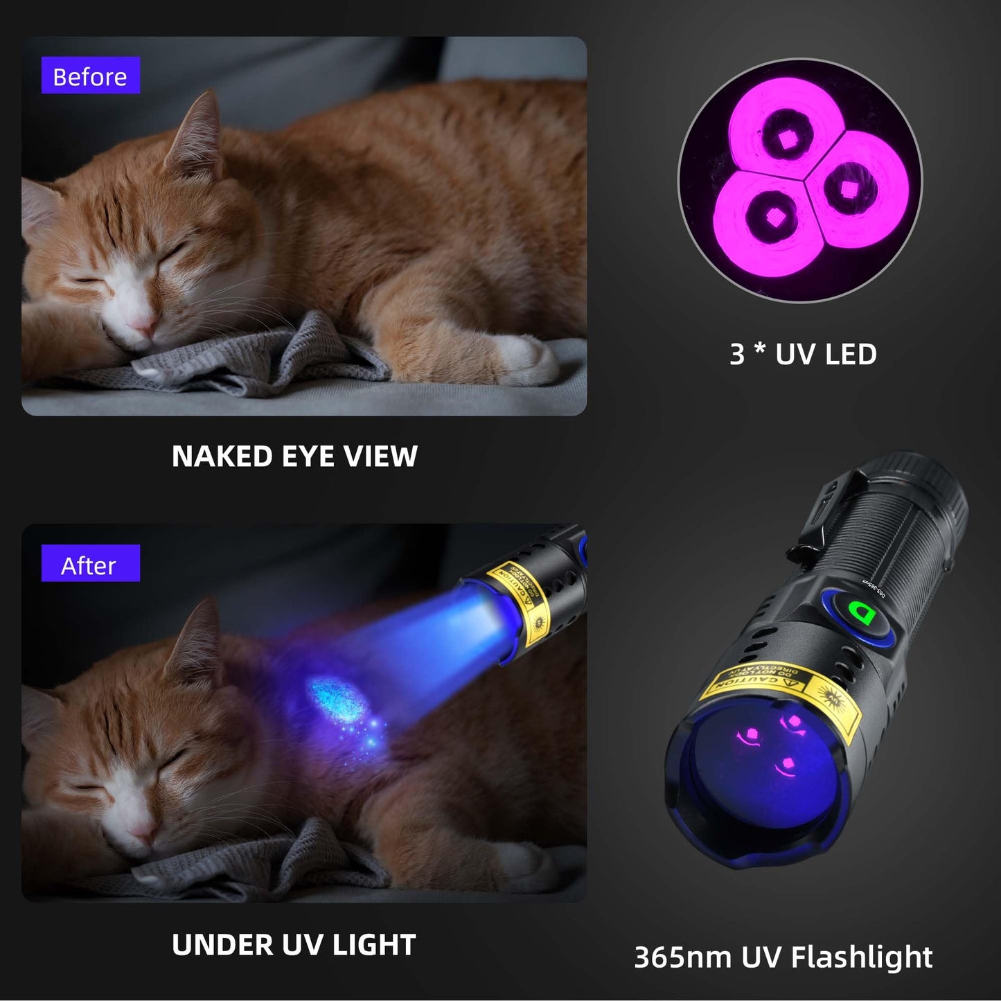 WMCODMW UV Flashlight Black Light 365nm, Mini Powerful 3xLED Ultraviolet Blacklight Rechargeable Woods Lamp, Handheld Pet Urine Detector for Dog/Cat Urine, Stains, Resin Curing, Rocks Finder