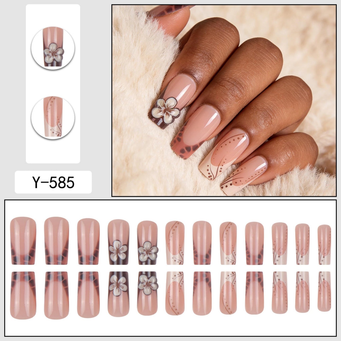 Long Press on Nails Square Fake Nails Brown Artificial Nail Leopard 3D Flowers Stick on Nail for Women 24pcs