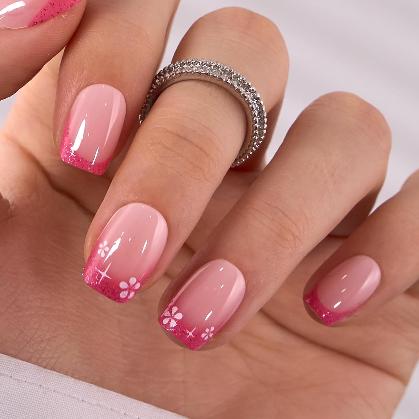 CurvLife Soft Gel Short Press On Nails Square, Spring Kiss Long-Lasting Reusable Fake Nails Kit with Glue & Tabs, 30pcs Salon-Quality Stick On Nails for Women At-Home Manicure