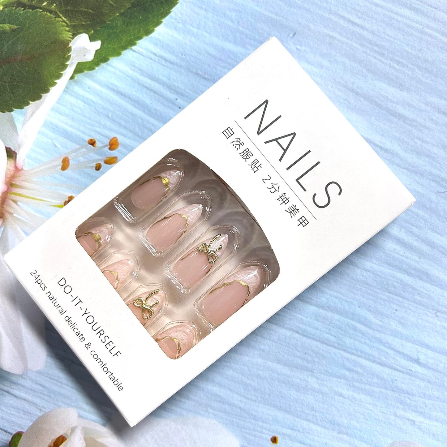 CJDLTS French Tip Press on Nails Medium Almond Shaped Gold Bow Design Nude Pink Acrylic False Nail Full Cover Glossy Artificial Fingernails Almond Tip False Nail DIY Glue on Nails for Women 24Pcs