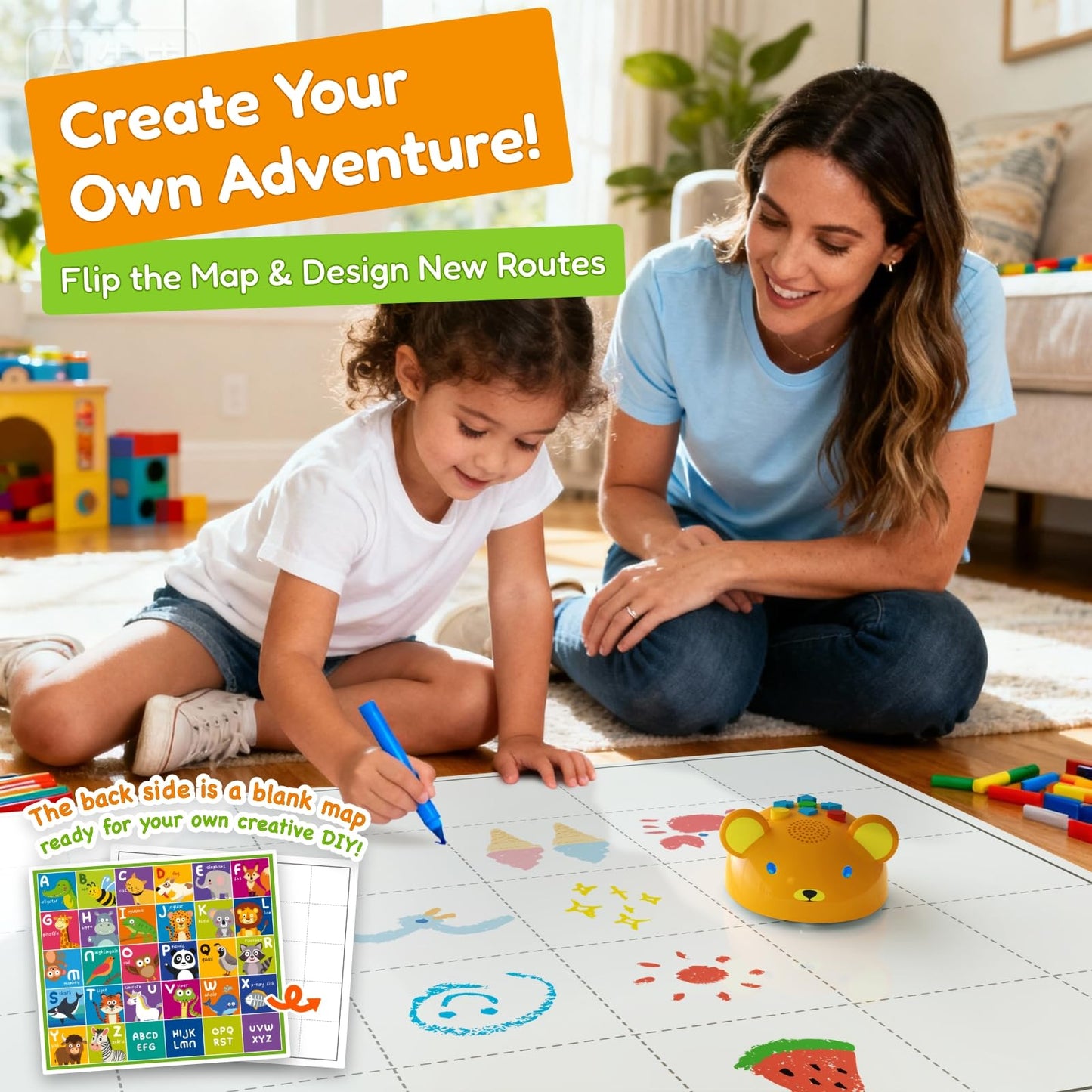 Apitor Robot Bear Screen-Free Coding Robot for Kids Ages 3-5, First Coding Toy with Lights, Sounds & Alphabet Map, STEM Learning Toy Birthday Gift for Boys & Girls