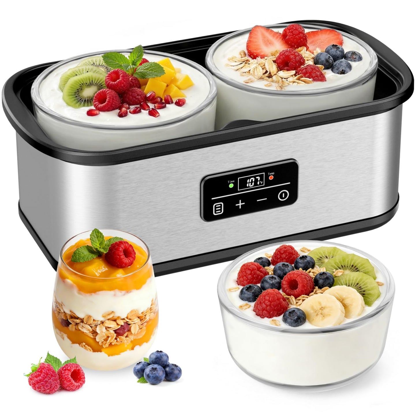 Adjustable Temp & Time Yogurt Maker with Auto Shut-Off, Constant Fermentation, with Two 1-Quart Glass Bowls for Homemade Probiotic Yogurt