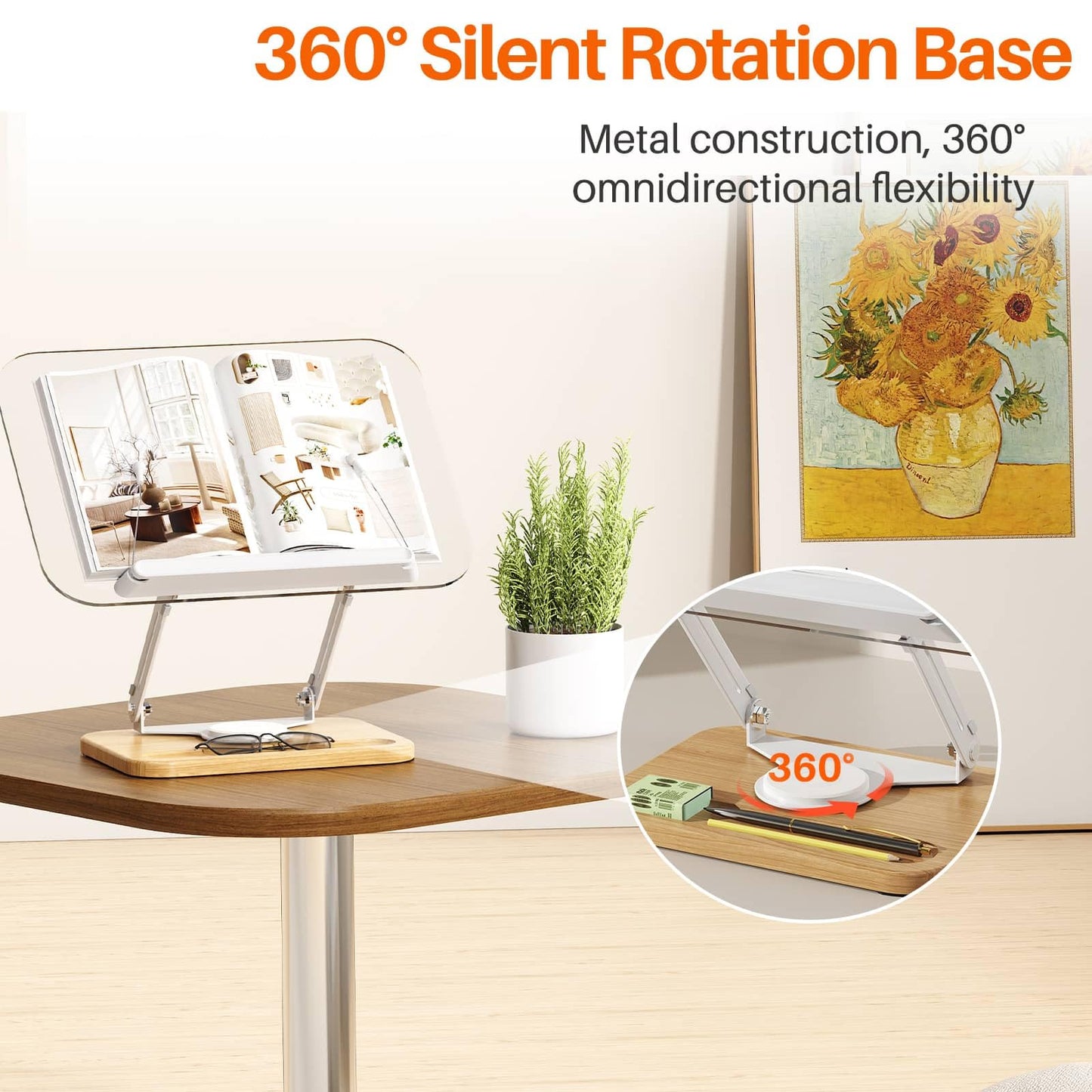 BYMECOST Acrylic Book Stand for Reading, 360°Rotating Book Holder with Pen Slot, Adjustable Height and Angle, Elastic Clips for Cookbook Stand, Foldable Desktop Riser for Laptop,Tablet,Recipe,Magazine