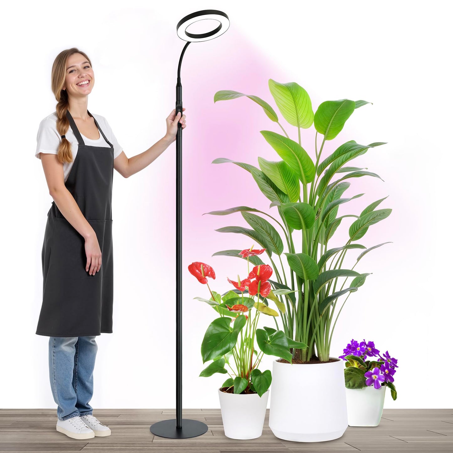 Vsoke 20W Indoor Plant Grow Light with Embedded Controller, Red Blue Warm Full Spectrum 95 LED Bulbs, Adjustable Height,Auto Timer,Dimmable Halo Growing Stand Lmap for Tall Large Small Plant Growth