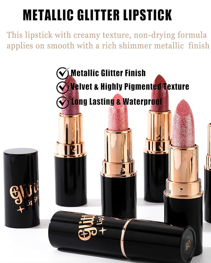 Metallic Glitter Lipstick Set Long Lasting,3 Pcs Diamond Shimmer Lip Gloss Pink Brown Red Rose Red Matte Lip Stick for Women,Sparkling Shiny Transfer Proof Non Stick Tinted Lip Balm Color Makeup-Set A