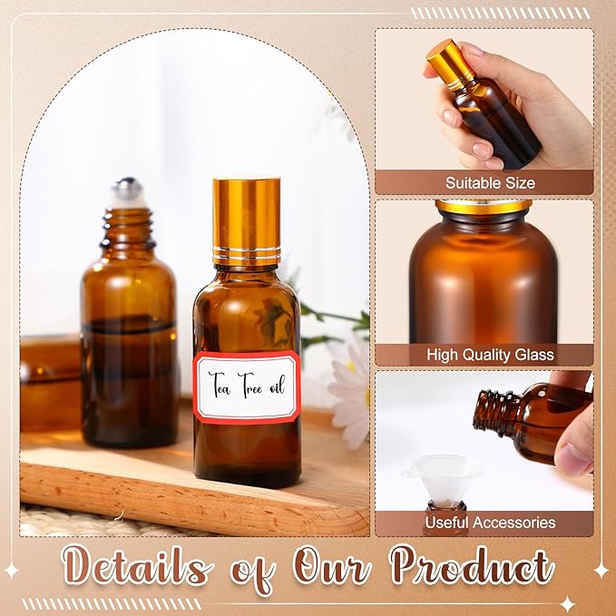 Sumind 12 Pcs 30ml Roller Glass Bottle Essential Oil with Stainless Steel Refillable Sample Container Brown Empty Roller Bottle Applicator with Funnel Sticker for Travel (Gold)