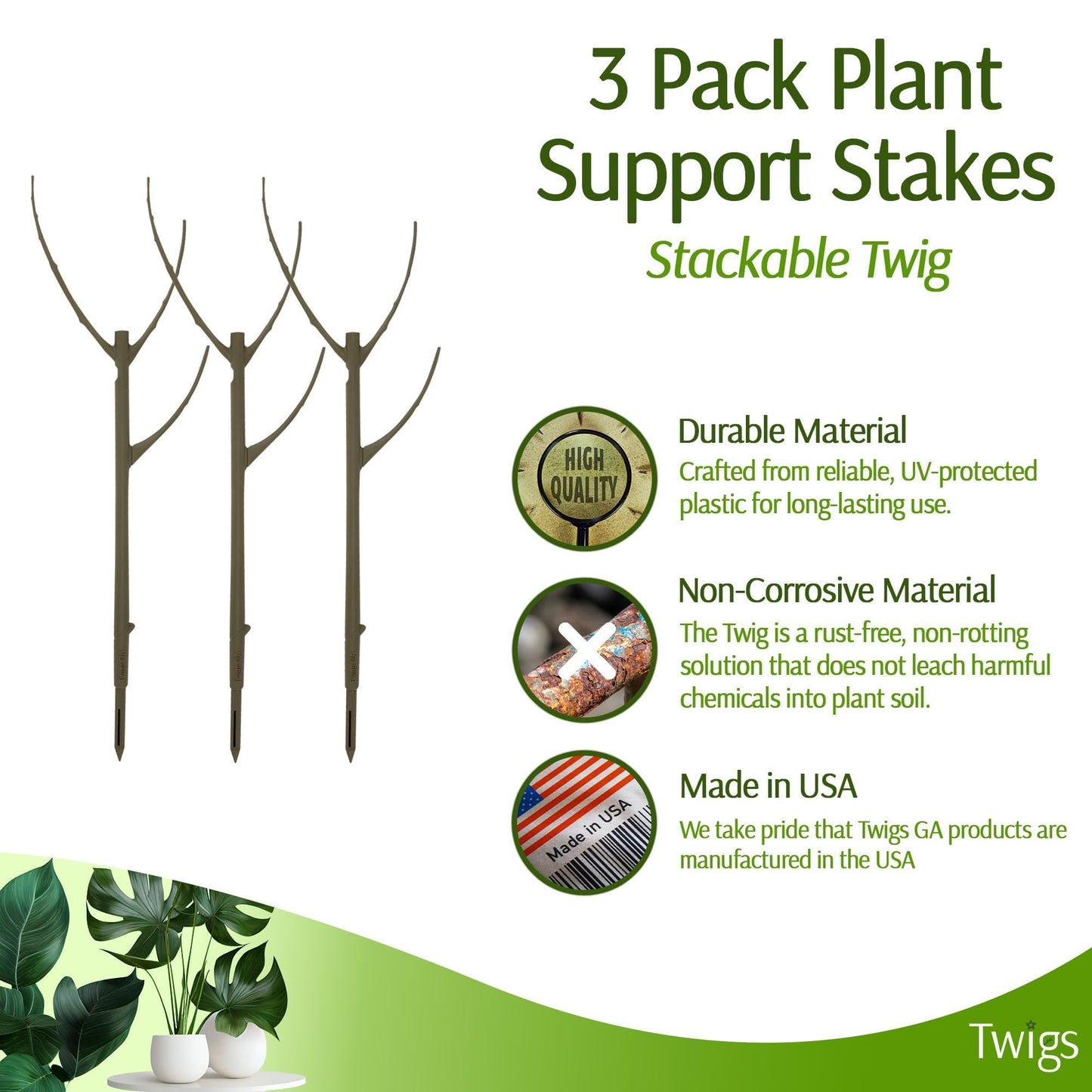 Twigs GA - Stackable Plant Support Stakes, Indoor & Outdoor Houseplant Stem Support, Garden Accessories, Durable Trellis Alternative for Climbing & Potted Plants - Moonstone, 3 Pack, 17" L