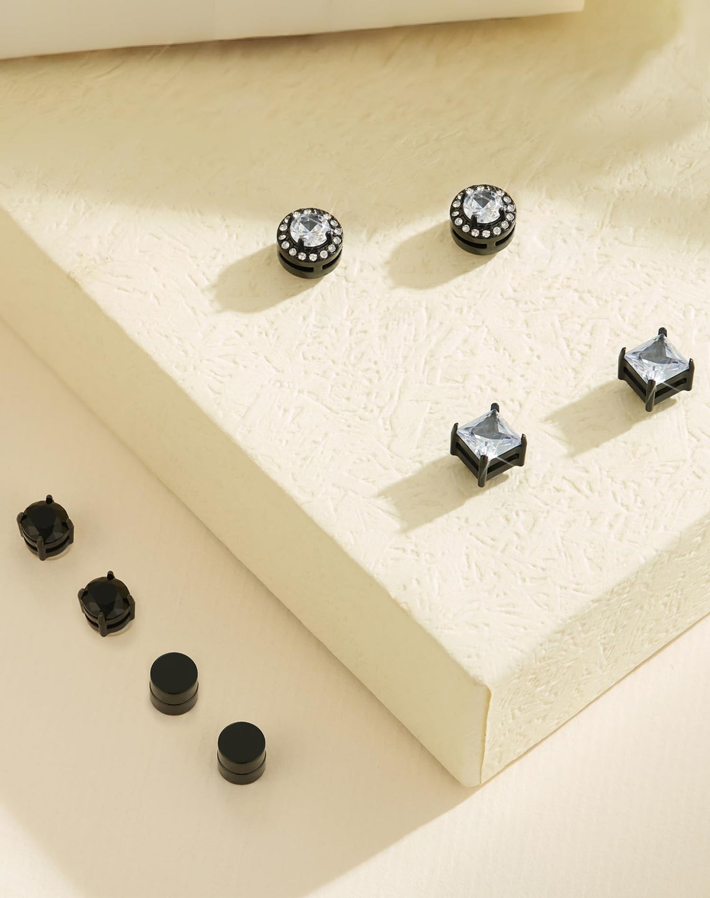 SIISPRI Magnetic Stud Earrings for Women Men, Non-piercing CZ Halo Studs, Hypoallergenic 18K Gold Plated Surgical Steel Clip on Stud Earrings Set for Sensitive Ears (Black Tone-Set)