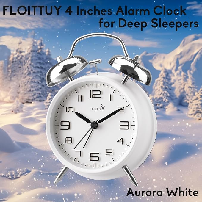 FLOITTUY (Loud Alarm for Deep Sleepers 4'' Twin Bell Alarm Clock, Stereo Digital Dial Alarm Clock with Backlight for Bedroom and Home Decoration(Aurora White)