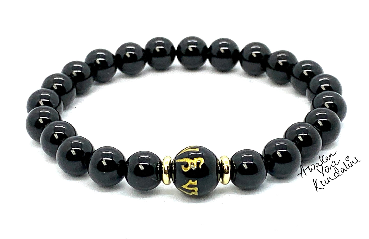 Black Obsidian Buddhist Prayer Beads Stretch Bracelet | Om Mani Padme Hum Mantra | Scorpio Zodiac Birthstone for October November | Root Chakra Association (Wrist Size 9.5 Inches)