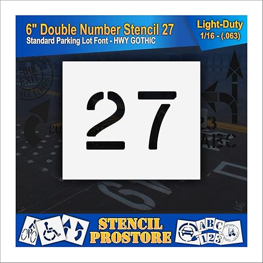 Pavement, Curb, and WheelStop Stencils - 6 inch Double Number Stencil - (27) - 6" x 9" x 1/16" (63 mil) - Light-Duty