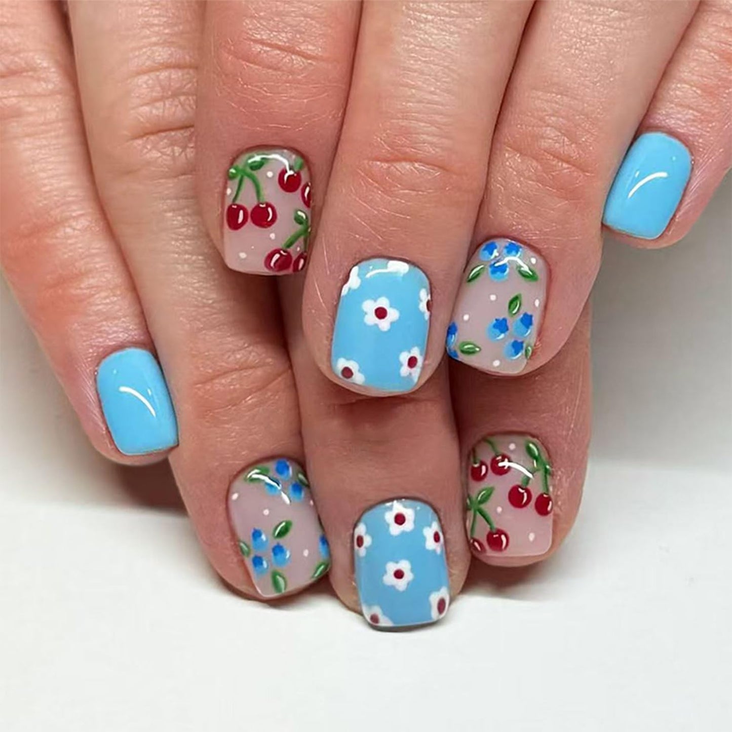 Spring Press on Nails Short Square Fake Nails with Blueberry Cherry White Flower Designs Spring Summe Nails Press ons Glossy Blue False Nails Nude Full Cover Glue on Nails for Women