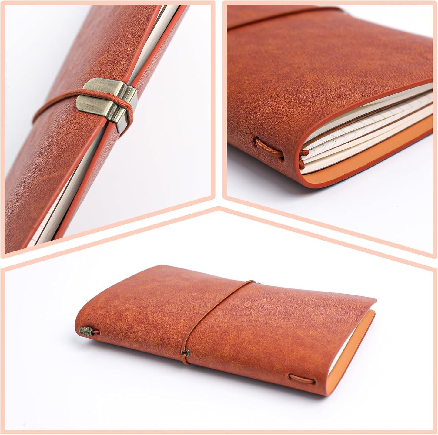 Refillable Journal Travelers Notebook - 7.8 x 4.7 Travel Diary made of PU leather, with 5 Inserts, add 2 Pens and pen Holder and Binder Clip and Transparent Card insertion bag with storage case (2 sets)