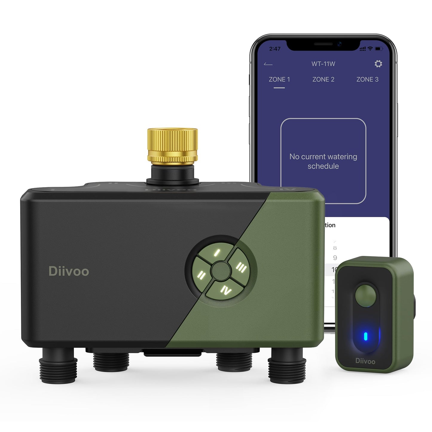 Diivoo 4 Zone WiFi Water Timer with Brass Inlet, Smart Hose Sprinkler Timer 4 Outlets Compatible with Alexa/Google Assistant, 24 Irrigation Plans, Rain Delay & Mist Mode for Garden Lawns (2.4GHz Only)