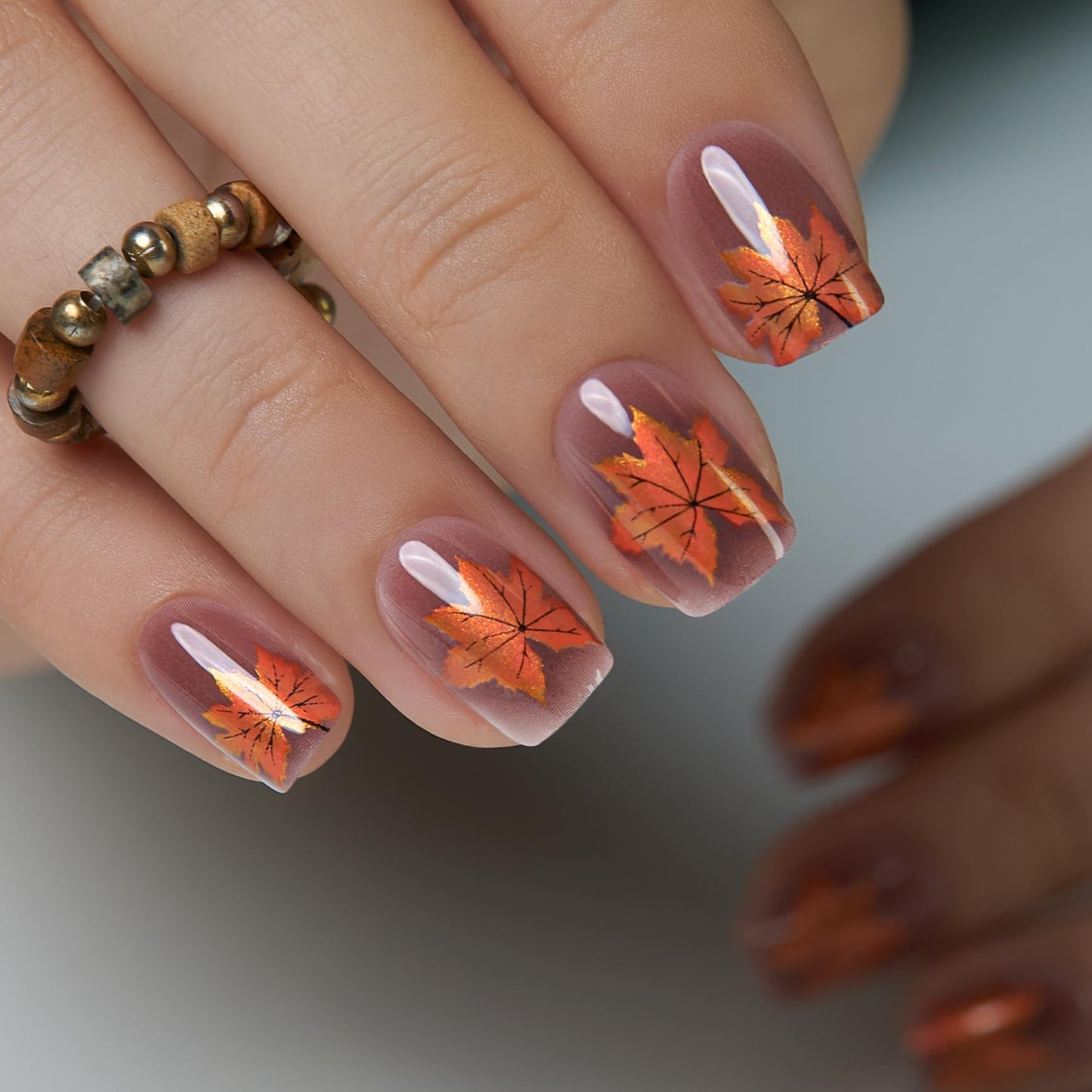 CurvLife Fall Press On Nails Short Oval Maple Leaf Design – Soft Gel Salon Quality False Nails Fake Nails with Glue, Long Lasting Daily Nail Tips for Women