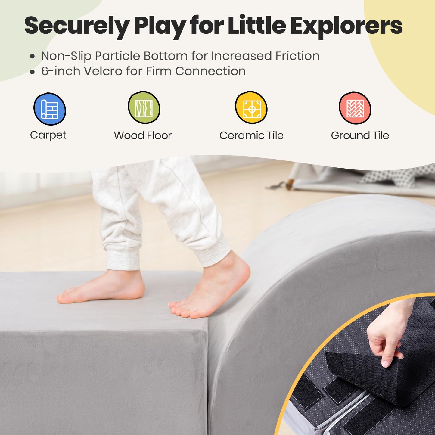 Rinnebbit Foam Climbing Blocks for Toddlers, 5-Piece Tunnel Climber and Crawl Playset, Indoor Activity Play with Ball Pit, Machine Washable Velvet Cover, Soft Climbing Toy for Kids 1-3 (Gray)