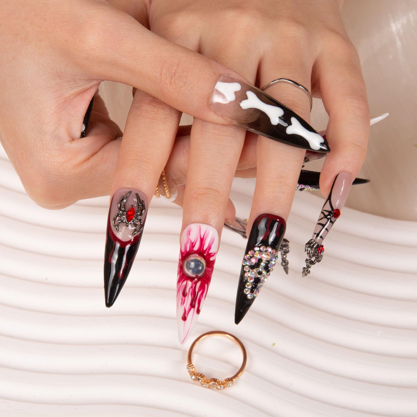 LOVFUL Press on Nails Final Destination | Handmade with Full Covered Crystals | Reusable Full Cover Nails | Stiletto Mid Length 1.7 in | H133-M