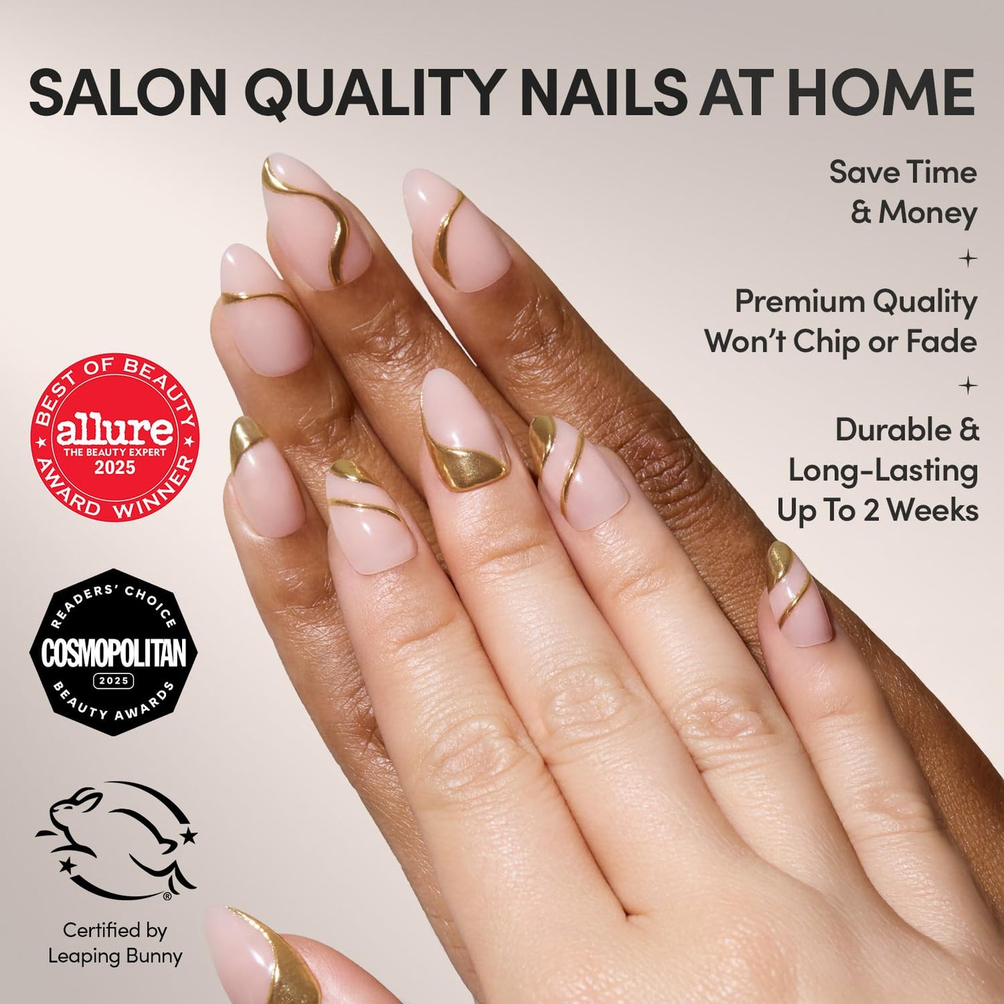 Glamnetic x GLAMZILLA Press On Nails - I AM A RICH MAN? | Short Almond Nude Fake Nails with Gold Foil, Salon Quality | 15 Sizes - 30 Nail Kit with Glue