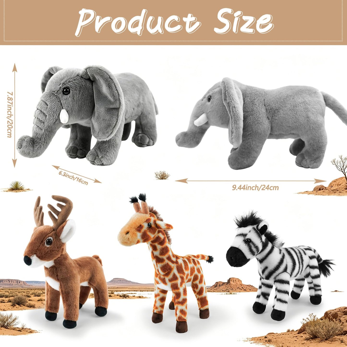 4-Pack 8" Plush Safari Stuffed Animals Set – Giraffe, Zebra, Deer and Elephant, Ultra Soft Washable Jungle Toys for Kids, Adorable Nursery Decor for Toddlers
