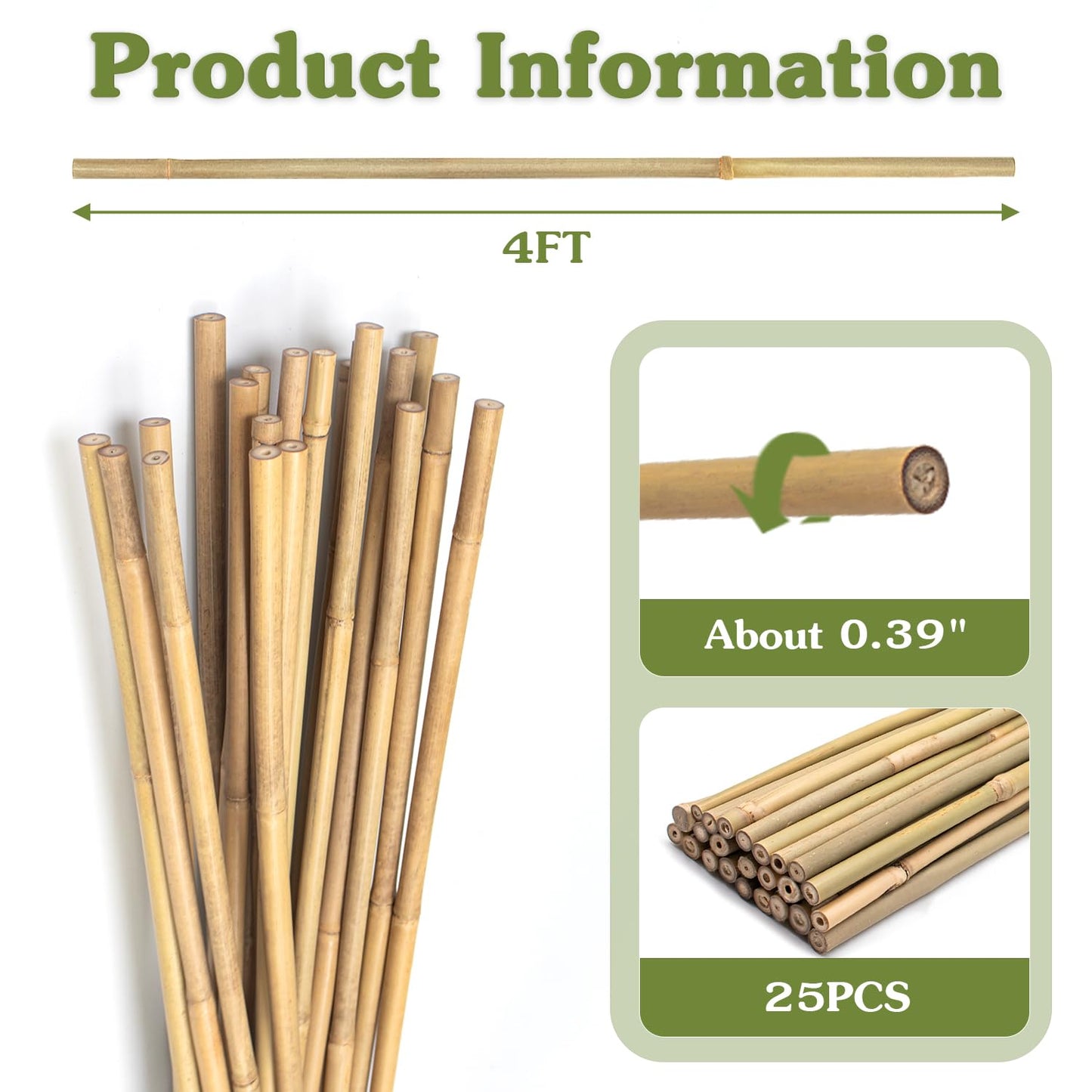 Plant Stakes 4FT, Natural Bamboo Stakes, HAINANSTRY 25Pcs Sturdy Bamboos Garden Stake, Bamboo Sticks for Plants, Beans, Indoor and Outdoor Climbing Plants, Tomato Vegetable Stakes for Garden