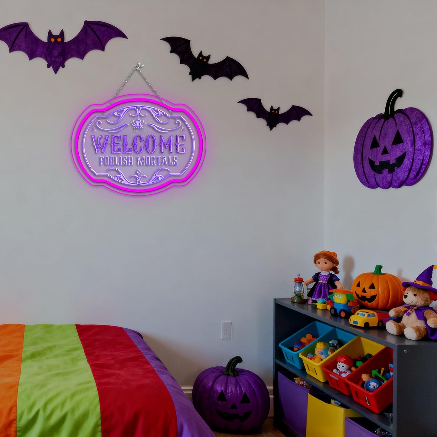 DREAMFORT Welcome Foolish Mortals Neon Sign - Haunted Mansion LED Wall Decor for Christmas, Horror Parties & Themed Bars, USB-Powered with Adjustable Brightness, Spooky Flicker Effect